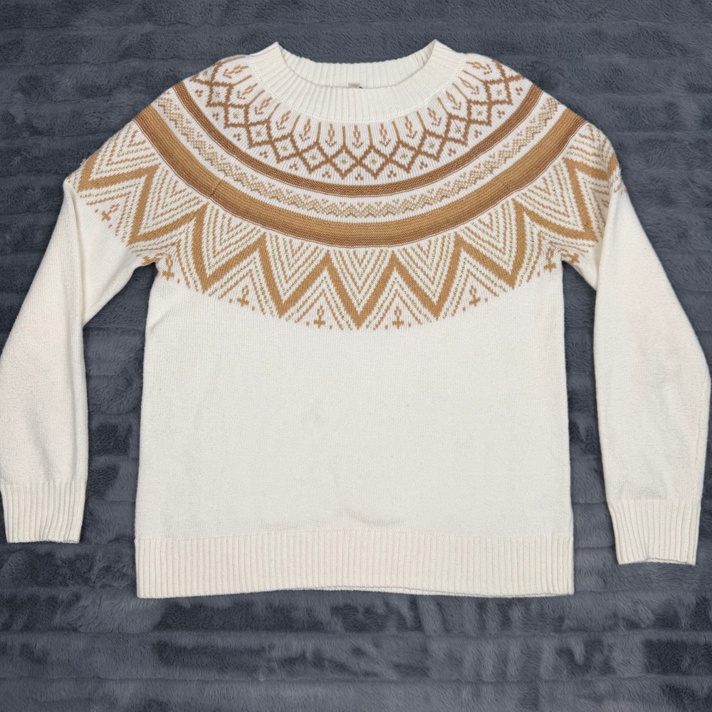 Talbots Petite Ivory Gold Metallic Fair Isle Crewneck Sweater Small SP 13375